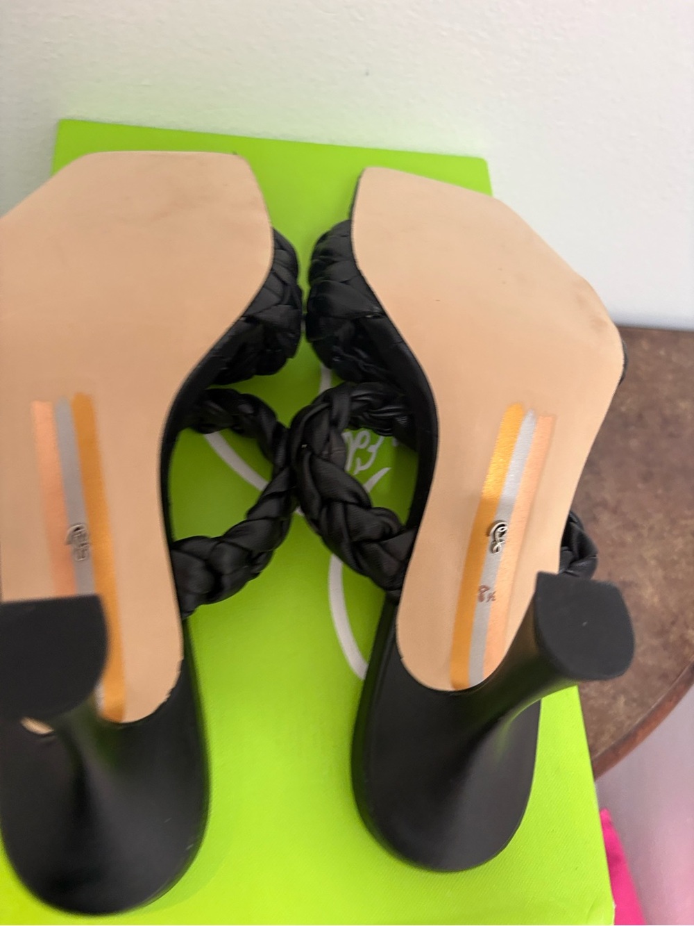 NIB Sam Edelman Meghan Black Nappa Braided Mule Heels Size 8.5 Square Toe - Picture 6 of 9